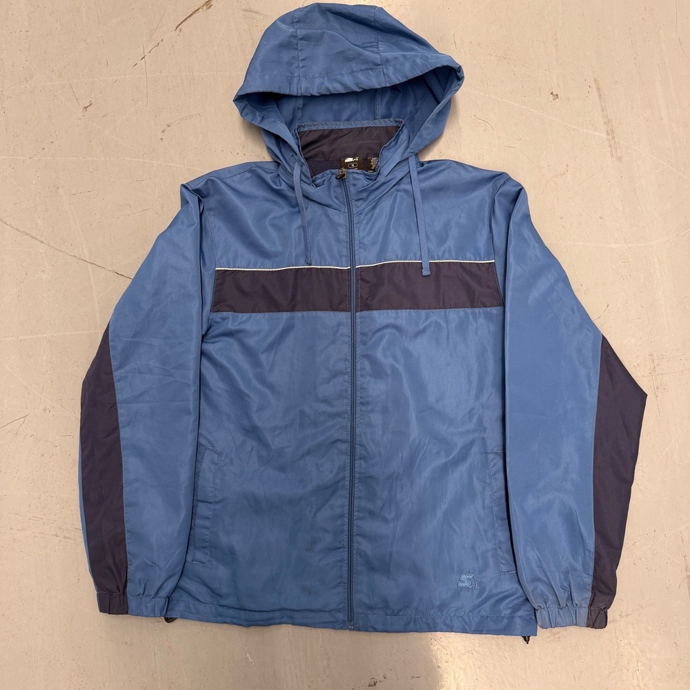 Starter Mens‎ Blue Hooded Windbreaker Jacket Contrast Stripe Full Zip Size M